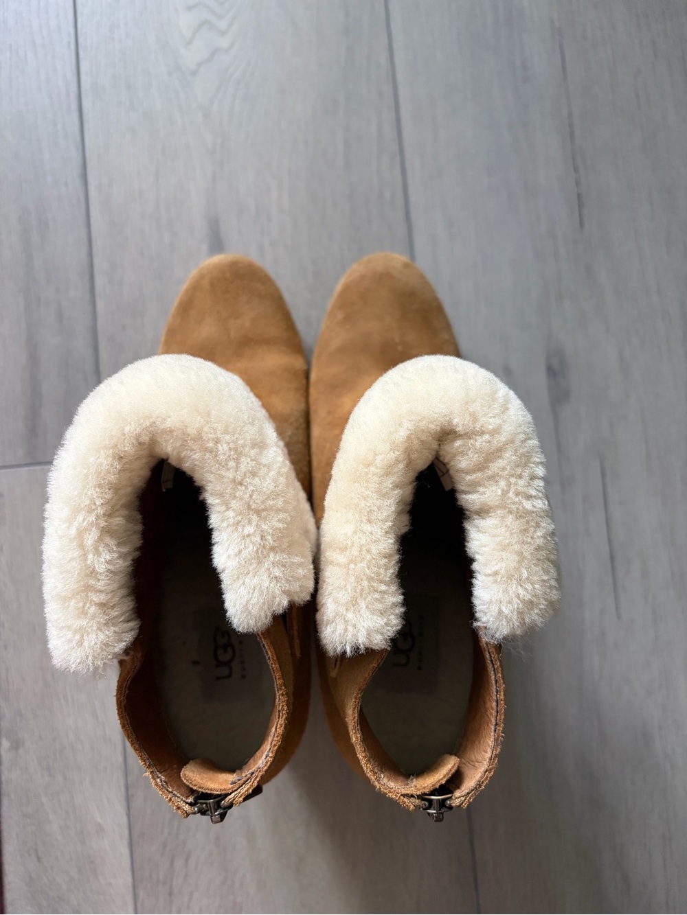 UGG Chestnut Suede Ankle Booties with Cream Shearling Collar